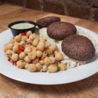 Falafel Flat-Top Platter · Vegan falafel patties served with your choice of side, rice, sauce, and extras