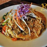 Pad Thai Lemongrass Chicken · Vegetable pad Thai with grilled herb marinated chicken breast and topped with peanut sauce. 