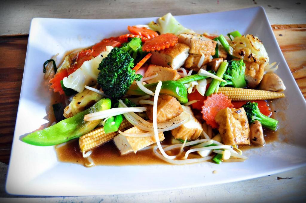 Veggies Delight (Pad Ruam Mit) · Choice of meat or tofu stir-fried in house sauce with broccoli, carrot, cabbage, onions, bell, mushroom, baby corn, bean sprout and tomato. 