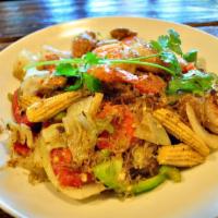 Pad Woon Sen · Glass noodle stir-fried in house sauce with choice of meat, egg, cabbage, tomato, carrot, ba...