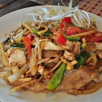 Pad Kee Mao (Drunken Noodle) · Wide size rice noodle stir-fried in house spicy sauce and sweet chili paste with choice of m...