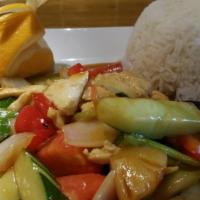 41. Sweet and Sour Sauce · Stir-fried onion, scallion, bell pepper, cucumber, tomato, pineapple and sweet and sour sauce.