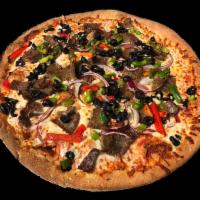 Greek Pizza · Marinara sauce, gyro meat, onion, bell pepper, black olives and 100% mozzarella cheese.
