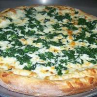 Spinach Alfredo Pizza · Blend of spinach and special creamy Alfredo sauce topped with 100% mozzarella and Parmesan c...