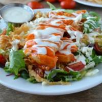 Buffalo Chicken Salad · Buffalo chicken, romaine lettuce, cucumber, tomatoes, served with blue cheese dressing.