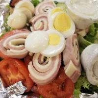Chef Salad · House salad with roast beef, ham, turkey, American cheese, Swiss cheese and boiled egg.