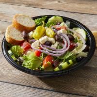 Greek Salad · Mixed greens, Roma tomatoes, cucumbers, red onions, pepperoncini peppers, Kalamata olives, a...