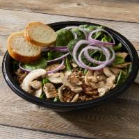 Spinach Mushroom Salad · Baby spinach, fresh sliced mushrooms, red onions and bacon with our sweet poppyseed dressing.