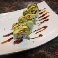 Caterpillar Roll (8 Pieces) · Eel and cucumber topped with sliced avocado and eel sauce.