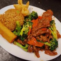 Beef with Broccoli Combination Dinner · Served with choice of egg flower soup or hot and sour soup, egg roll, crab Rangoon and BBQ p...