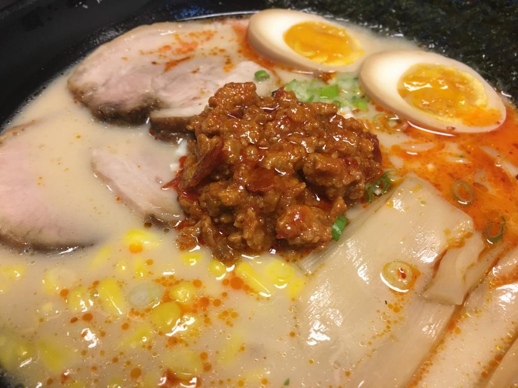 4. Red Miso Ramen · Tonkotsu soup base with ground pork in red miso sauce, with chashu pork. Come with noodle, corn, egg, scallion, bamboo shoots and nori. (Spicy)