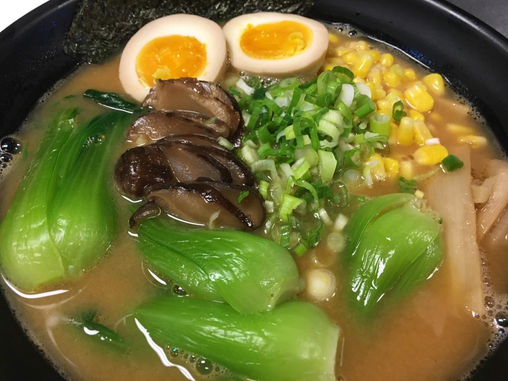 6. Vegetable Ramen · Miso soup base with vegetables (varies) and shiitake mushroom. Come with noodle, corn, egg, scallion, bamboo shoots and nori.