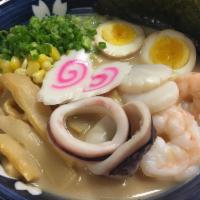 7. Seafood Ramen · Tonkonsu ramen soup base with shrimp, squid, scallop and fish cakes. Come with noodle, corn,...
