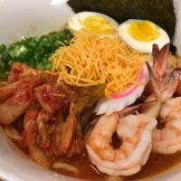 Kimchi Ramen · Spicy Kimchi Based Broth w/Kimchi, Egg, Shrimp, Fish Cake, Sharp Cheddar Cheese, Scallions, ...