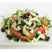 7. Greek Salad · Crisp romaine hearts, mixed with spinach, Persian cucumbers, grape tomatoes, Kalamata olives...