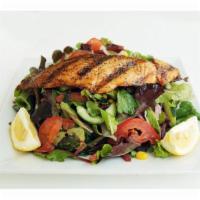 9. Salmon Salad · Grilled salmon brushed with lemon herb, served on organic baby field greens, Persian cucumbe...