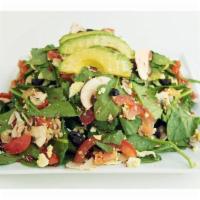 12. Spinach Salad · Organic baby spinach, grape tomatoes, Applewood bacon, hard boiled eggs, sliced mushrooms, s...