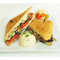 23. Vegetarian Panini · Roasted grilled red bell peppers, grilled zucchini, grilled eggplant, tomatoes, feta cheese ...