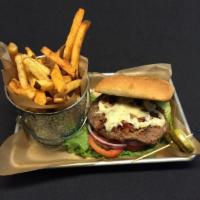 The Quarter Bleu Burger · Angus burger topped with bleu cheese and bacon crumbles. Served with fries. Burger prepared ...