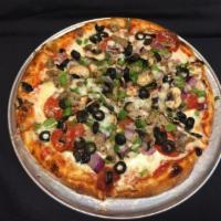 The Quarter Deluxe Pizza · Pepperoni, Italian sausage, red onion, green pepper, mushrooms, black olives and mozzarella ...