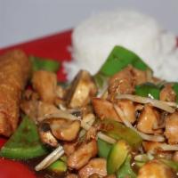 Kung Pao Jumbo Plate · Bell peppers, bean sprouts and mushrooms stir-fried in our spicy house brown sauce with fres...