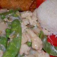 Lobster Sauce Jumbo Plate · Water chestnuts, bean sprouts, snow peas, egg white, peas and carrots stir- fried in our hou...