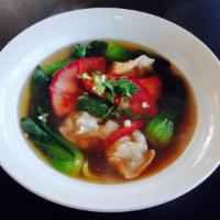 15. Wonton Soup · Marinated minced pork and shrimp simmered in clear chicken broth with bok choy and barbecue ...