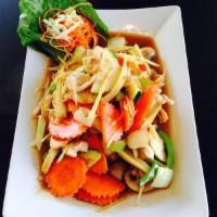 24. Ginger Delight · Your choice of meat or mixed veggies stir fried with fresh shredded ginger, onion, zucchini,...