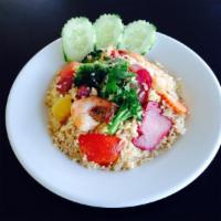 34. All Rice Thai Hut Fried Rice · Stir fried jasmine rice with egg , prawn, BBQ pork, Chinese sausage, pineapple, broccoli, ca...