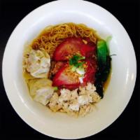 41. Noodle Soup · Steamed egg noodle with pork and shrimp wonton dumpling, BBQ pork and ground chicken in clea...