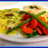 Chicken Lemono · Lemon chicken tender chicken breast filet grilled to perfection, topped with melted Swiss ch...