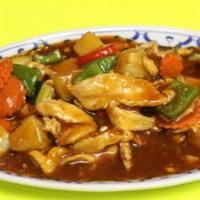37. Sweet and Sour Chicken · Sauteed chicken with pineapple, onions, cucumber, tomatoes, carrots, bell peppers in sweet a...