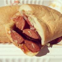 Louisiana Style Hot Sausage Sandwich · Louisiana hot sausage, mozzarella, lettuce, tomatoes, mayo and mustard. Served on an 8
