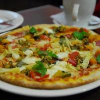 Lamppost Veggie Deluxe Pizza · Mushrooms, green peppers, onions, artichoke hearts, garlic and tomatoes. Vegetarian.