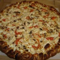 Lamppost Chicken Delight Pizza · Mushrooms, onions, olives, chicken, tomatoes with creamy garlic sauce.