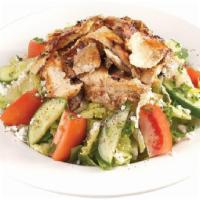 13. Chicken Shawarma Salad · Sliced chicken on house salad. Served with pita bread. Halal.