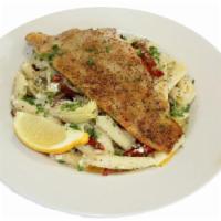 35A. Pasta with Trout · Fettuccine pasta topped with trout.