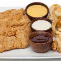 Chicken Strips Plate · 4 piece chicken strips with fries and choice of dipping sauce.