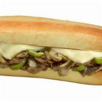 Philly Cheese Steak · Grilled Sirloin, White American Cheese, Grilled Onions, Green Peppers & Mushrooms in Hoagie ...