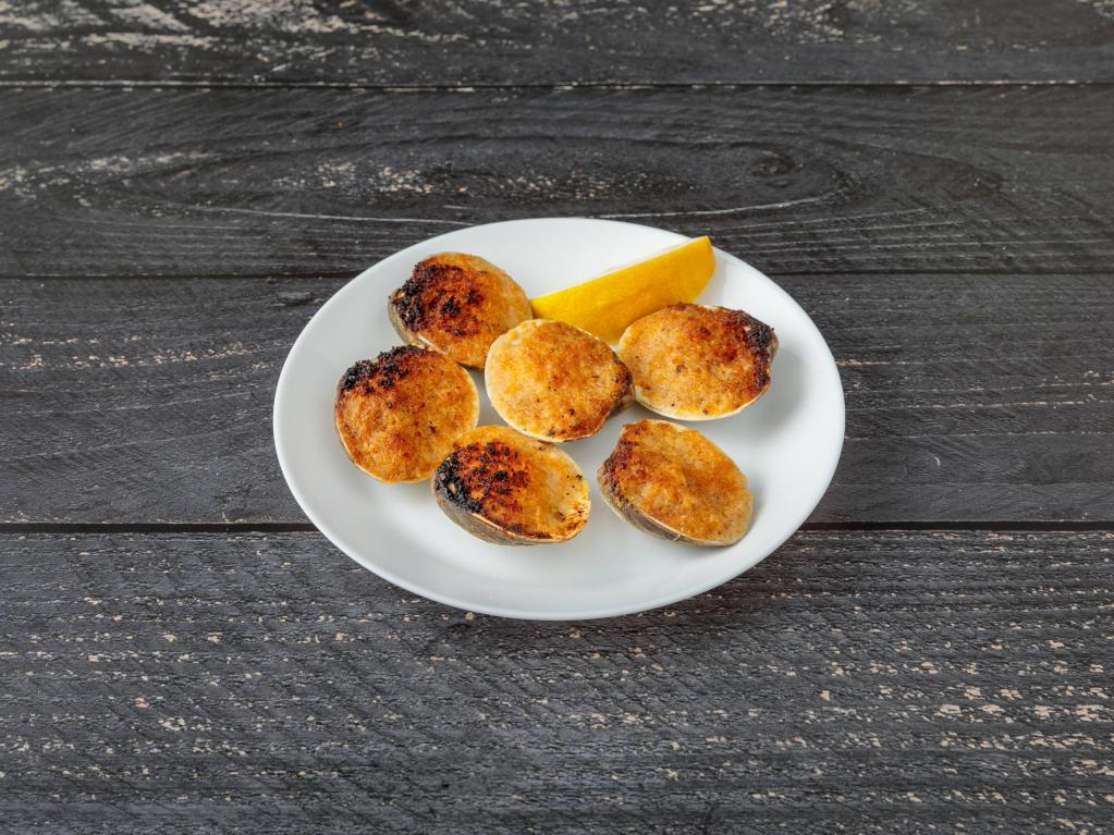 Baked Clams  · Fresh whole clams breaded and baked.