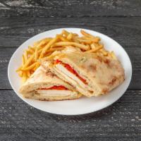 Grilled Chicken Panini  · Roasted peppers, mozzarella and house vinaigrette.