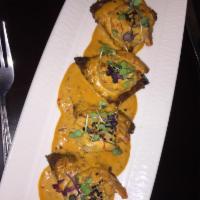 Spicy Eggplant and Shrimp · Batter-fried eggplant with shrimp in a creamy, spicy mustard sauce.