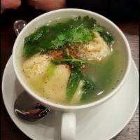 16 oz. Wonton Thai Ravioli Soup · Ground chicken in Thai wonton skin, chicken, Chinese broccoli, fried garlic. Add extra