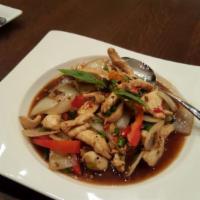 Spicy Thai Basil · Garlic, chili, basil, onion, red bell pepper, oyster sauce. Spicy.
