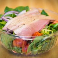 Duck Salad · Served with fresh spinach with red onions, cucumber, cherry tomatoes and matchstick carrots.