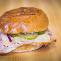 Ham and Swiss Sandwich · One90 smoked ham, Swiss cheese, pickle and onions.