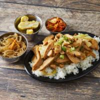 Teriyaki Chicken Platter · Teriyaki chicken served with rice and 3 Korean side dishes.