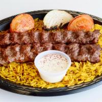 Iraqi Beef Kabob Platter · Special Seasoned Grounded Beef Kabob, serves with a choice of French Fries, Basmati Biryani ...