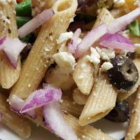 My Big Fat Greek Pasta Salad · Served with Greek dressing, feta cheese, black olives, sweet red onion and tomato.