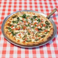 Greek Pizza · Fresh spinach, red onion, tomatoes, olive oil, feta and cheese.